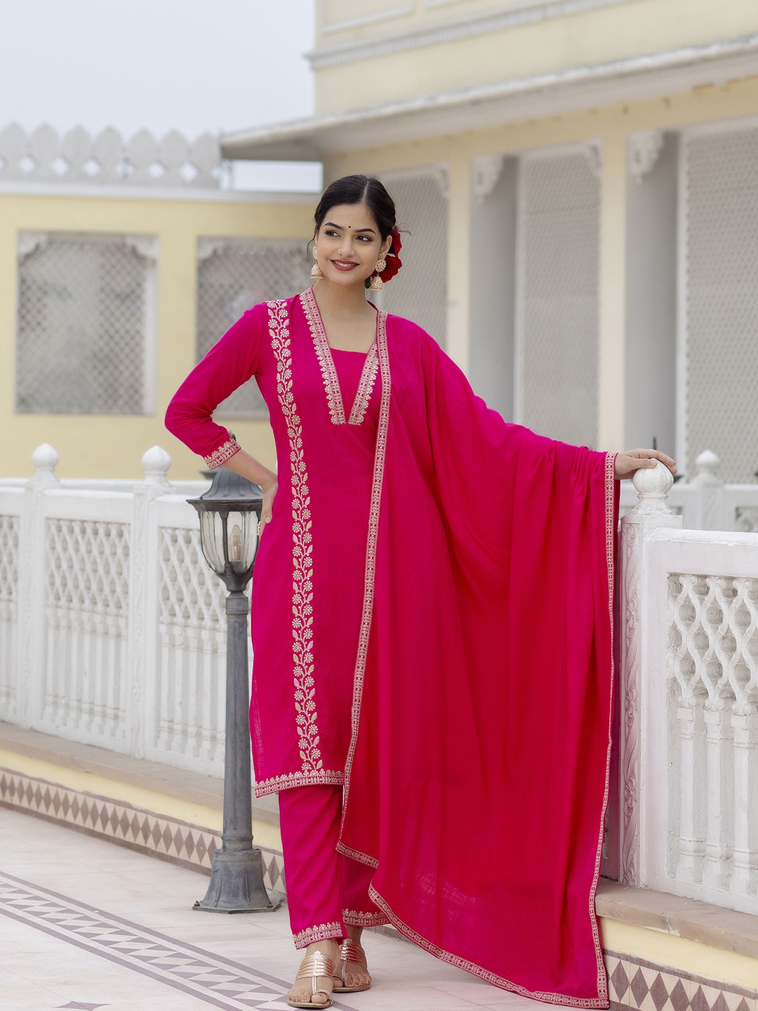 

KALINI Floral Embroidered Zari Kurta with Trousers & Dupatta, Fuchsia
