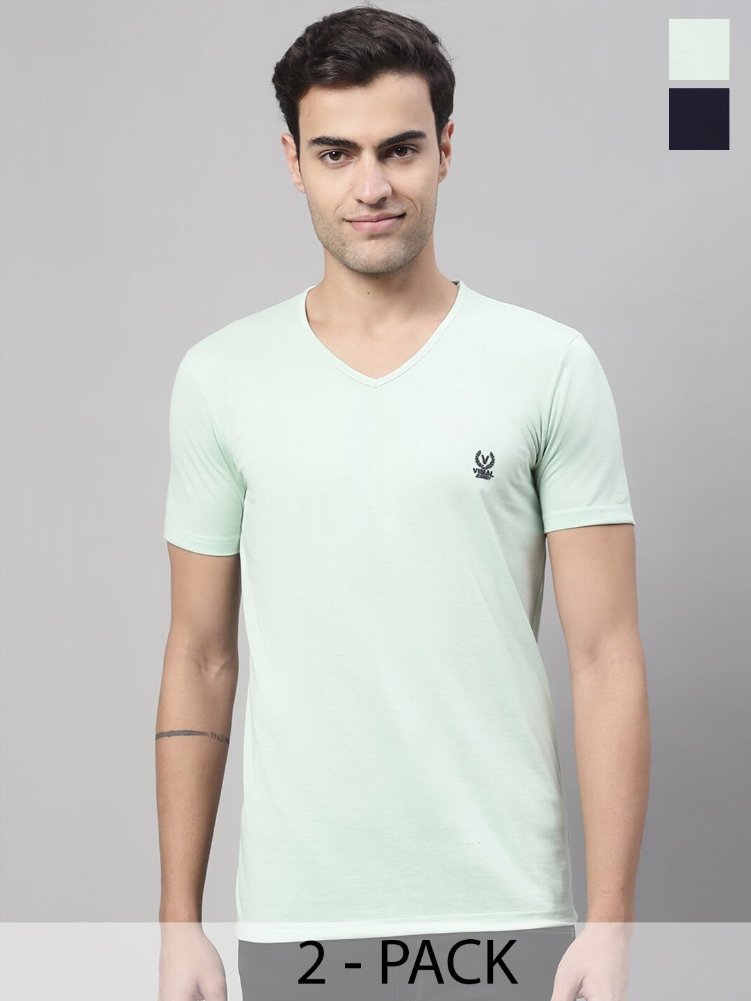 

VIMAL JONNEY Pack Of 2 V-Neck Cotton T-shirt, Green