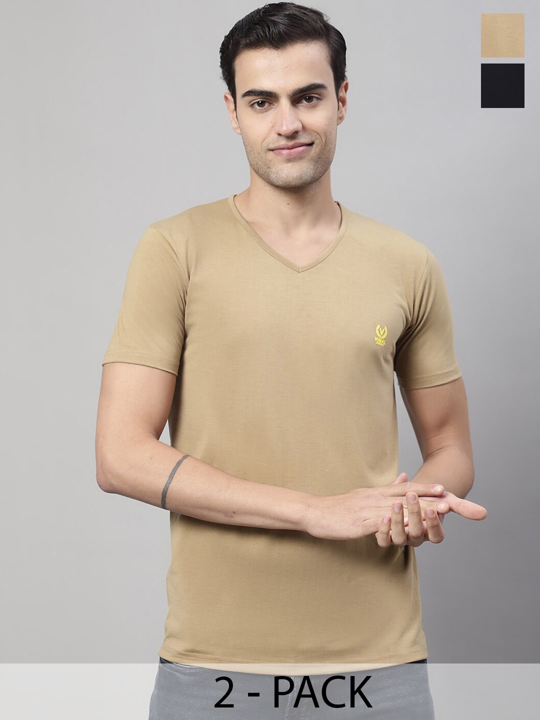

MACK JONNEY Pack Of 2 V-Neck Cotton T-shirt, Black