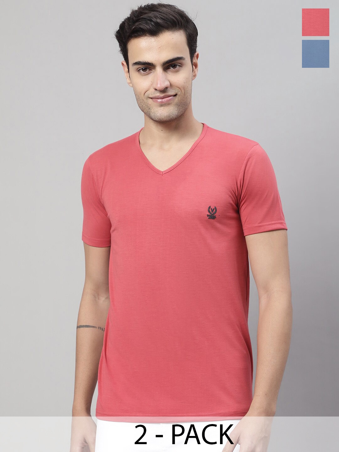 

MACK JONNEY Pack Of 2 V-Neck Cotton T-Shirt, Coral