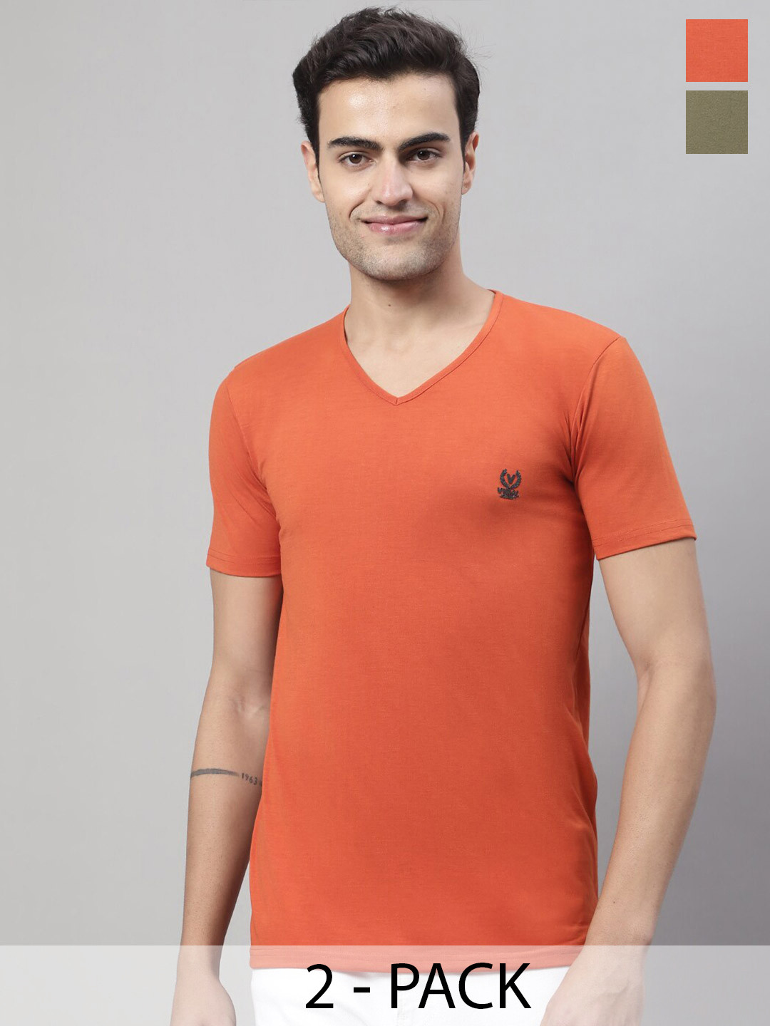 

MACK JONNEY Pack Of 2 V-Neck Cotton Casual T-shirt, Orange