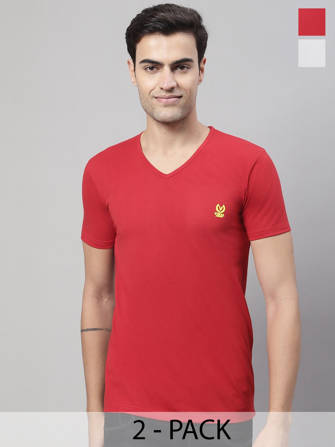 

VIMAL JONNEY Pack Of 2 V-Neck Cotton T-shirts, Grey