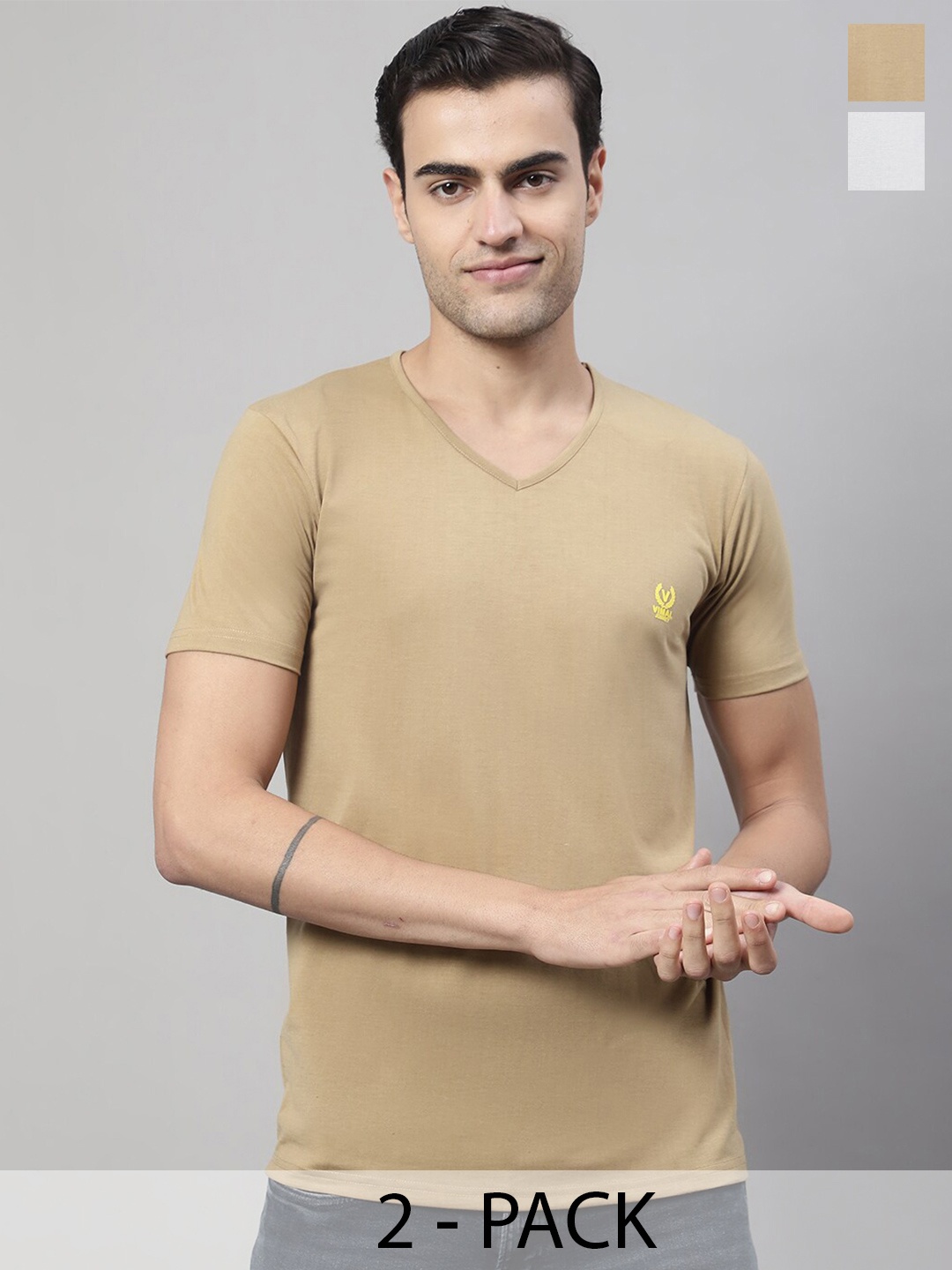 

MACK JONNEY Pack Of 2 V-Neck Cotton T-shirts, Beige