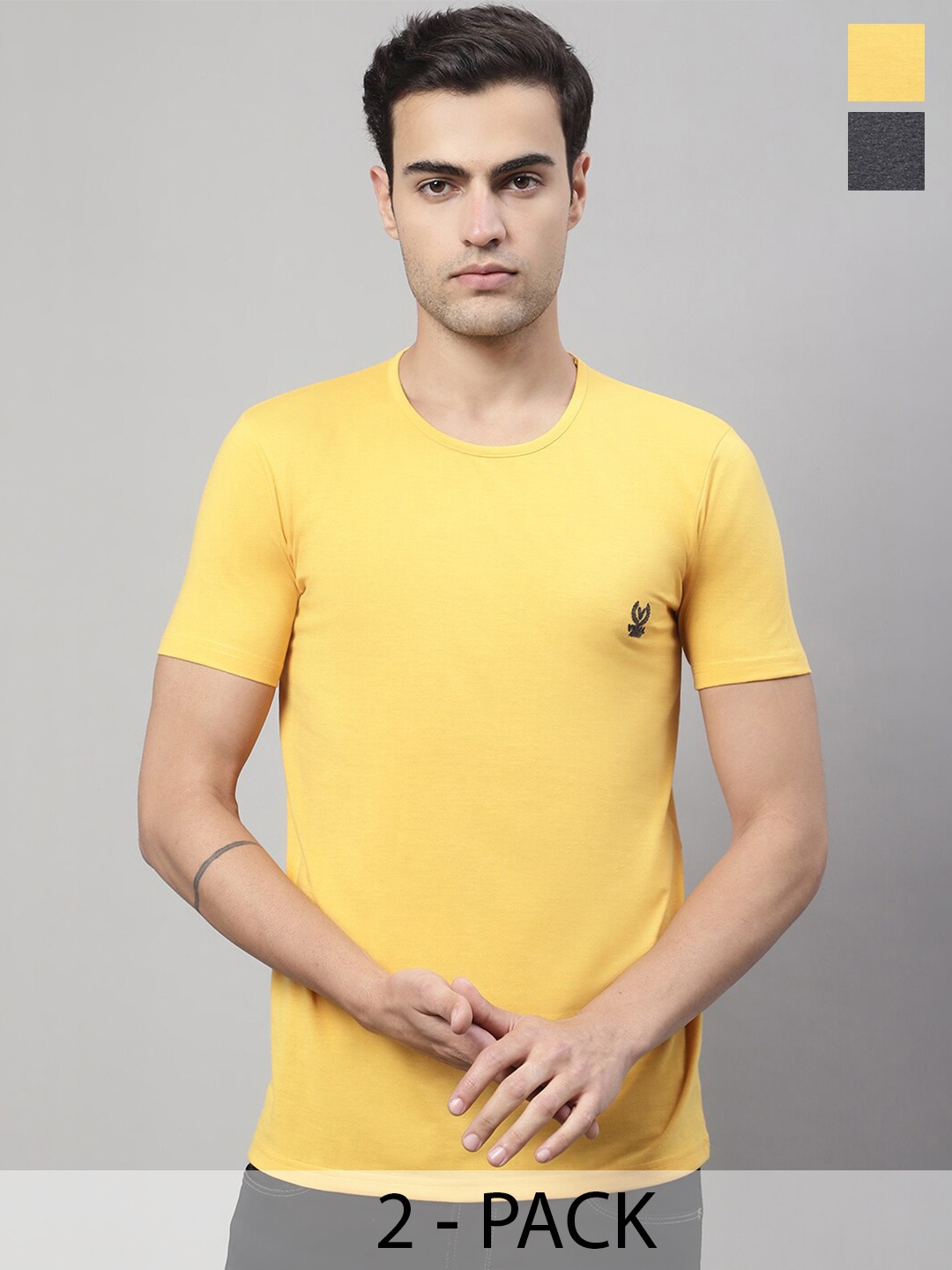 

MACK JONNEY Pack of 2 Round Neck Cotton T-shirts, Yellow
