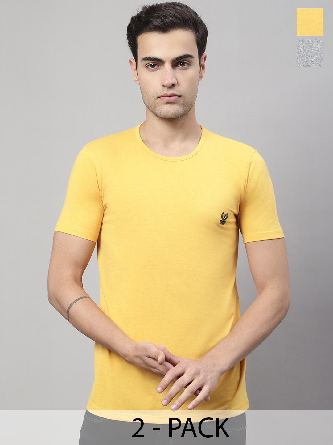 

MACK JONNEY Pack of 2 Round Neck Cotton T-shirts, Yellow