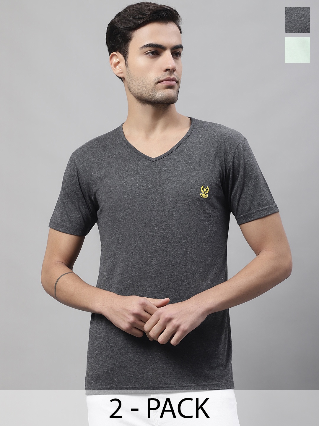 

VIMAL JONNEY Pack Of 2 V-Neck Cotton T-shirts, Grey