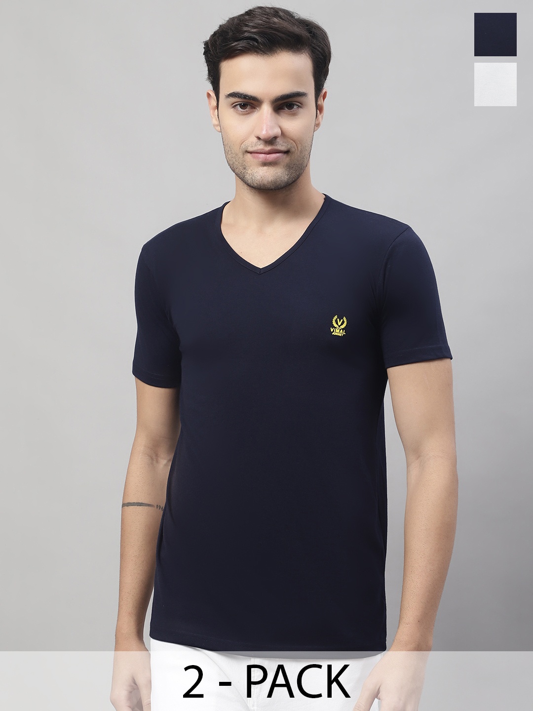 

VIMAL JONNEY Pack Of 2 V-Neck Short Sleeves Cotton T-shirt, Multi