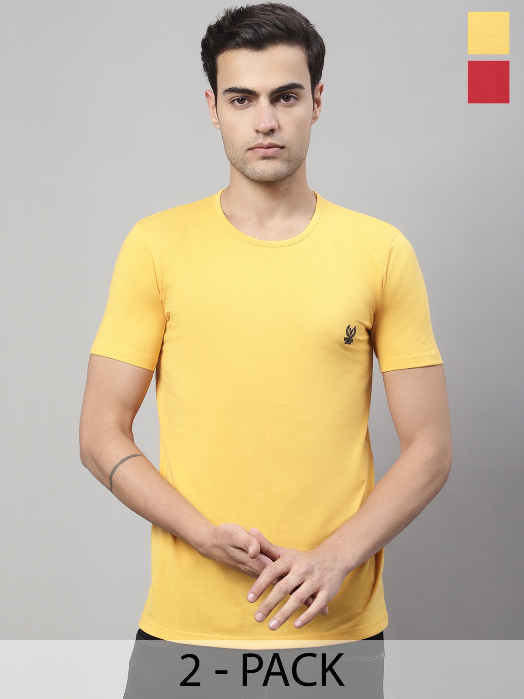 

VIMAL JONNEY Pack Of 2 V-Neck Cotton T-shirts, Yellow