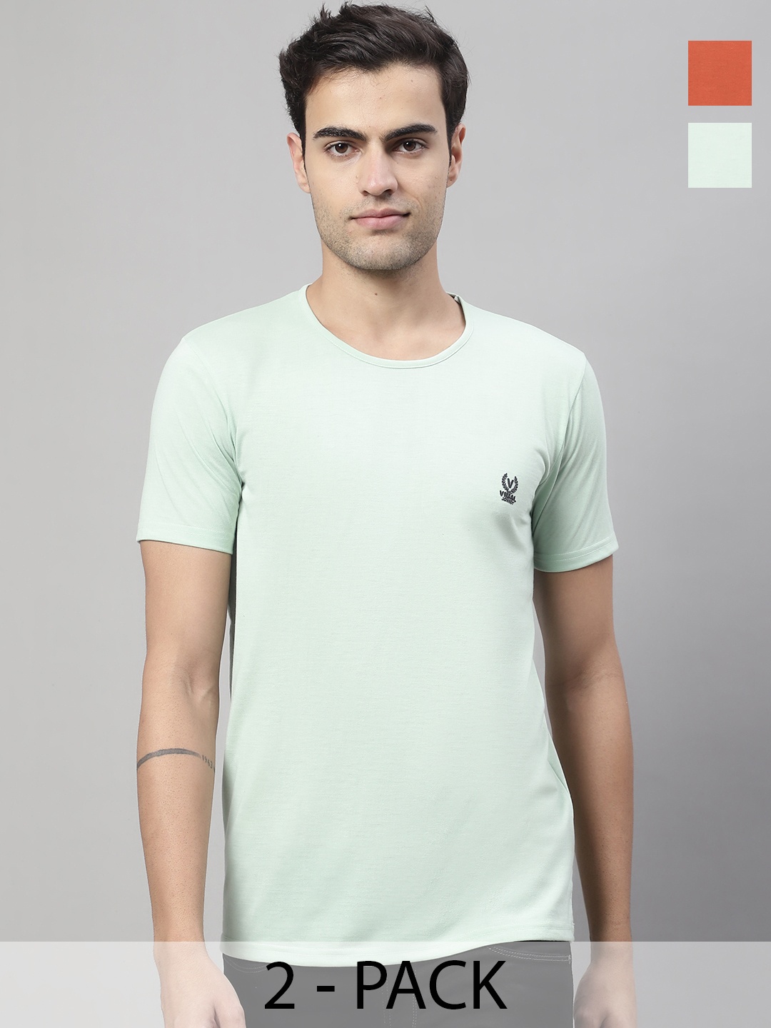 

VIMAL JONNEY Pack Of 2 Round Neck Short Sleeves Cotton T-shirt, Green