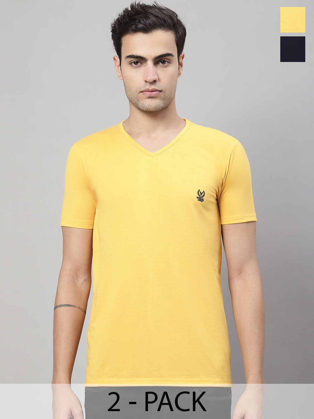 

MACK JONNEY Pack Of 2 V-Neck Cotton T-shirt, Yellow