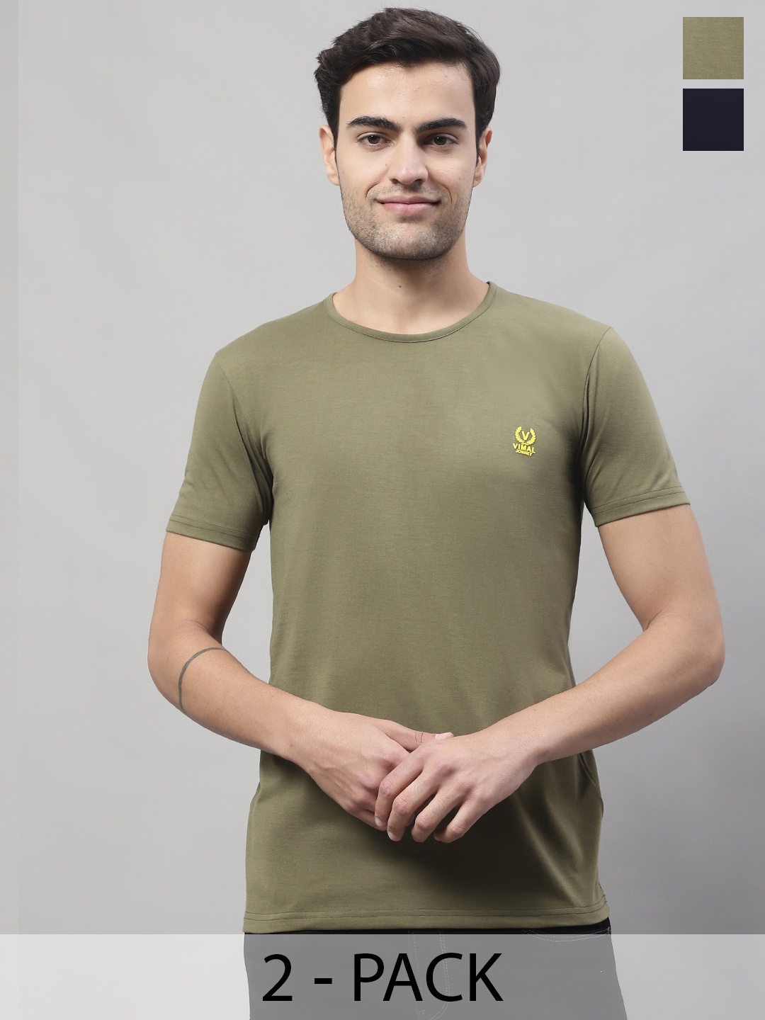 

VIMAL JONNEY Pack Of 2 Short Sleeves Cotton T-shirt, Olive