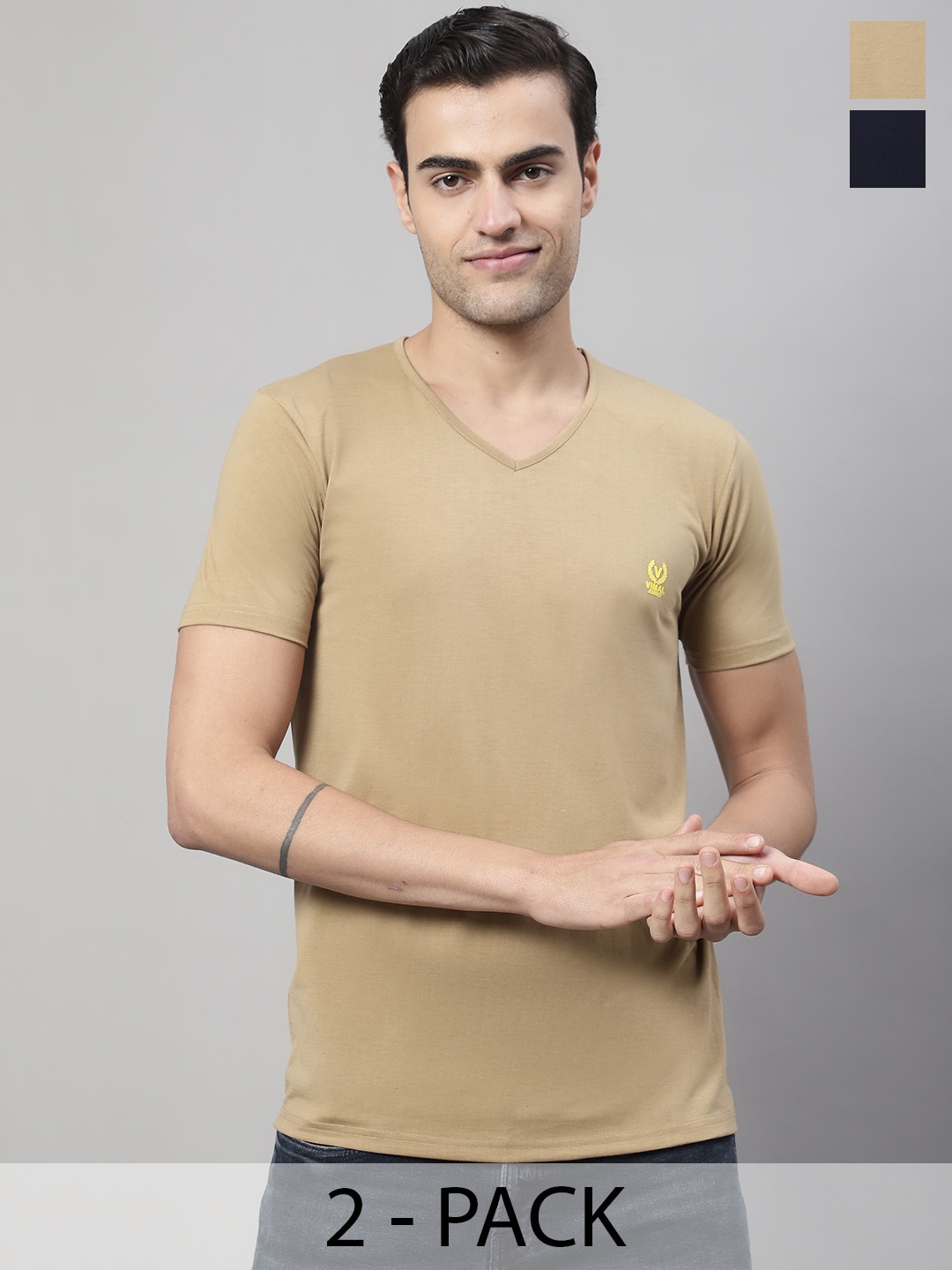 

VIMAL JONNEY Pack Of 2 V-Neck Cotton T-shirt, Beige