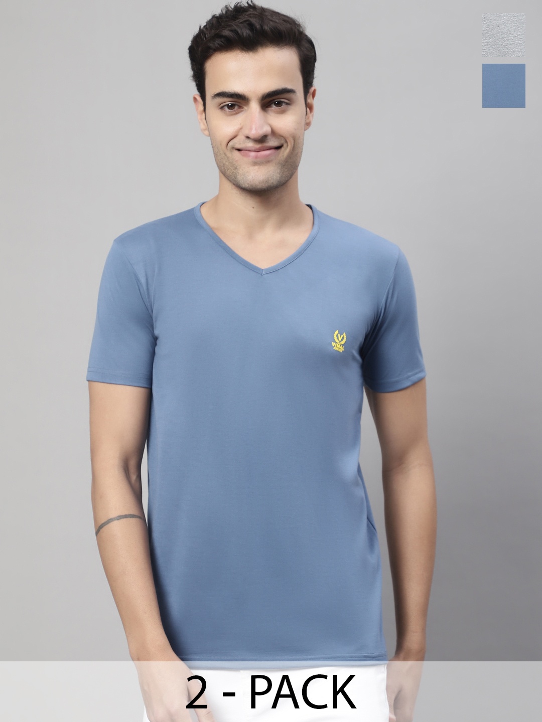 

MACK JONNEY Pack Of 2 V-Neck Short Sleeves Cotton T-shirt, Grey
