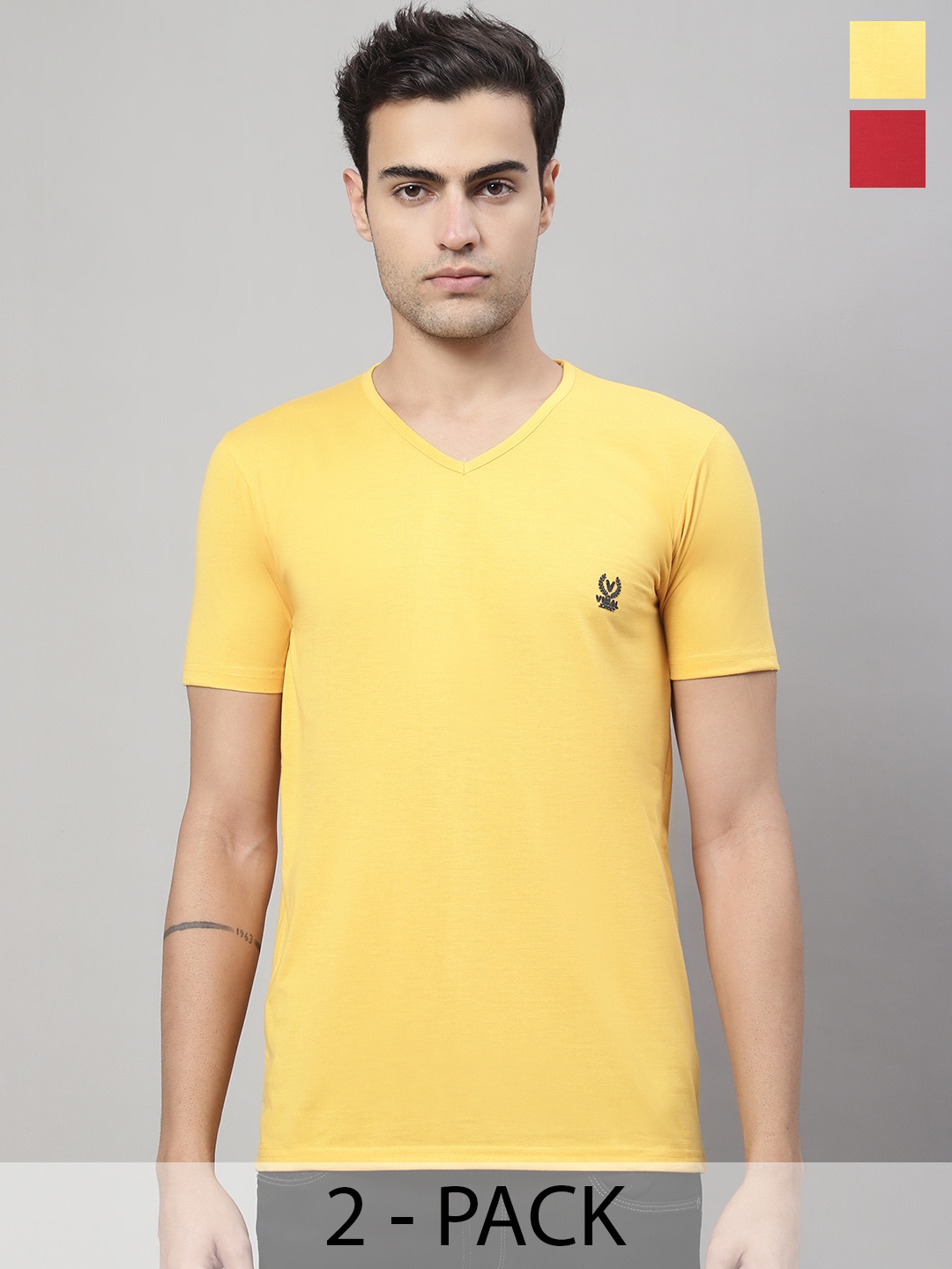 

MACK JONNEY Pack Of 2 V-Neck Cotton T-shirts, Yellow