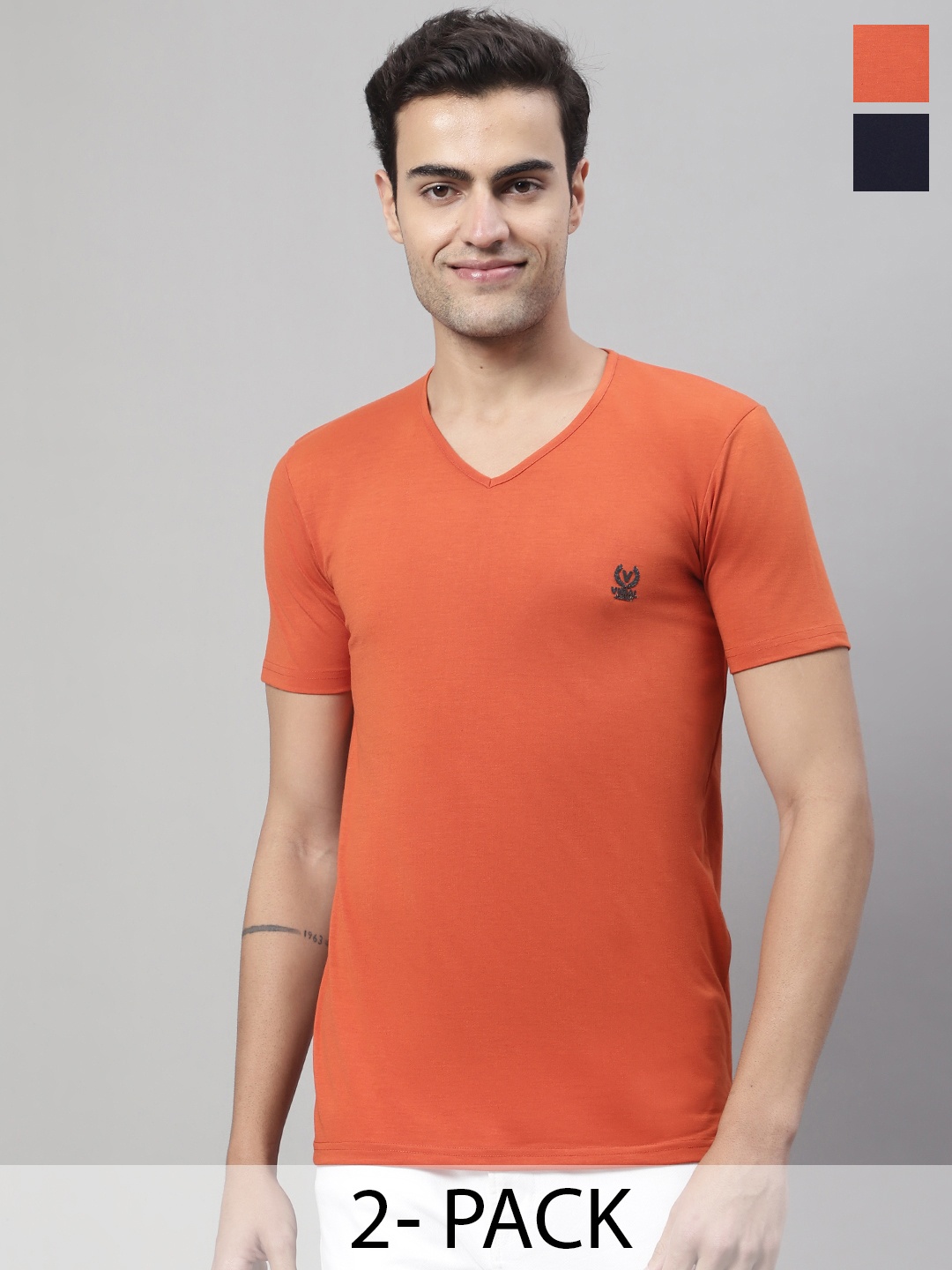 

VIMAL JONNEY Pack Of 2 V-Neck Cotton T-Shirt, Orange