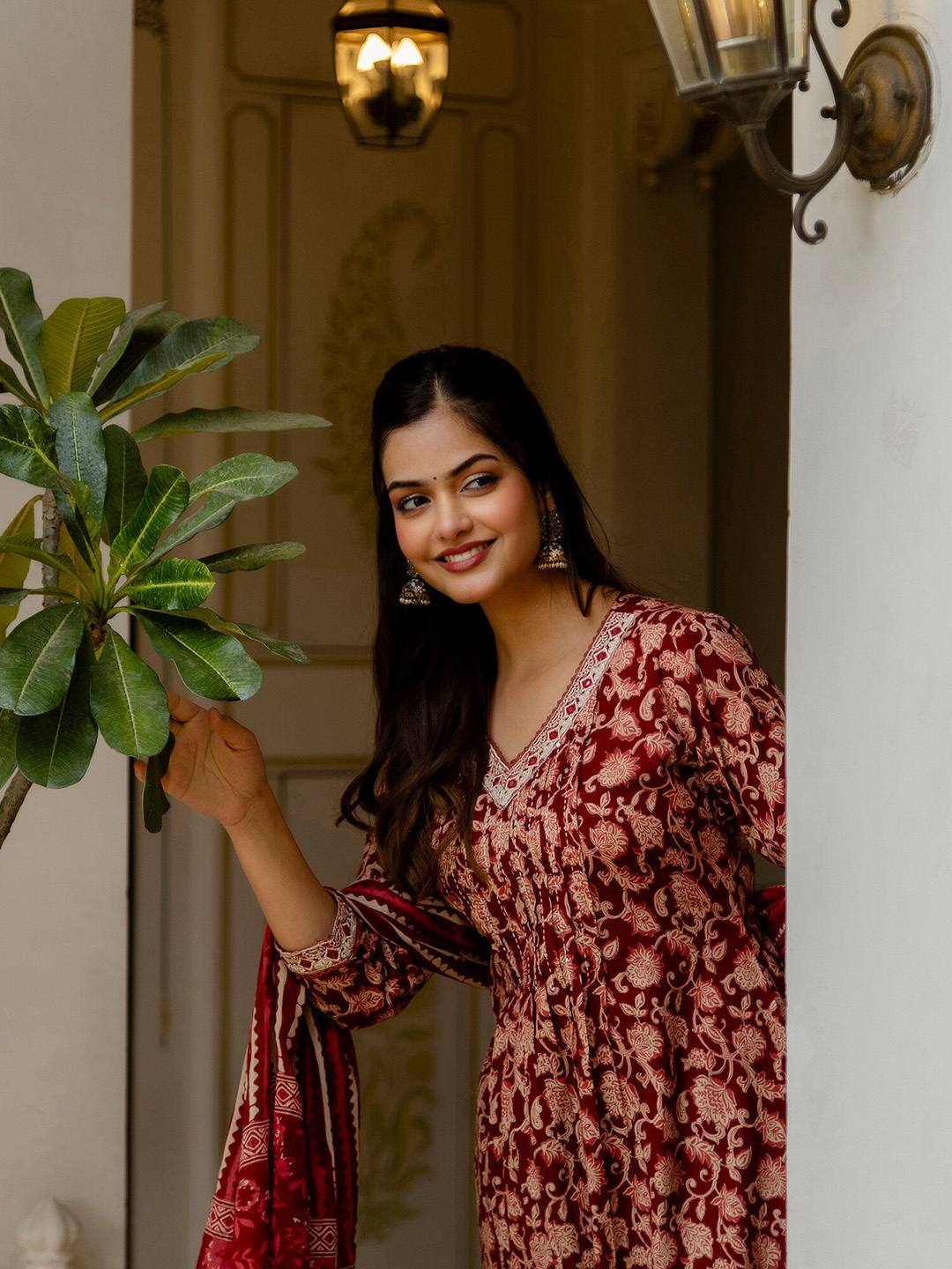 

Anouk Floral Yoke Design Mirror Work Pure Cotton A-Line Kurta with Trousers & Dupatta, Red