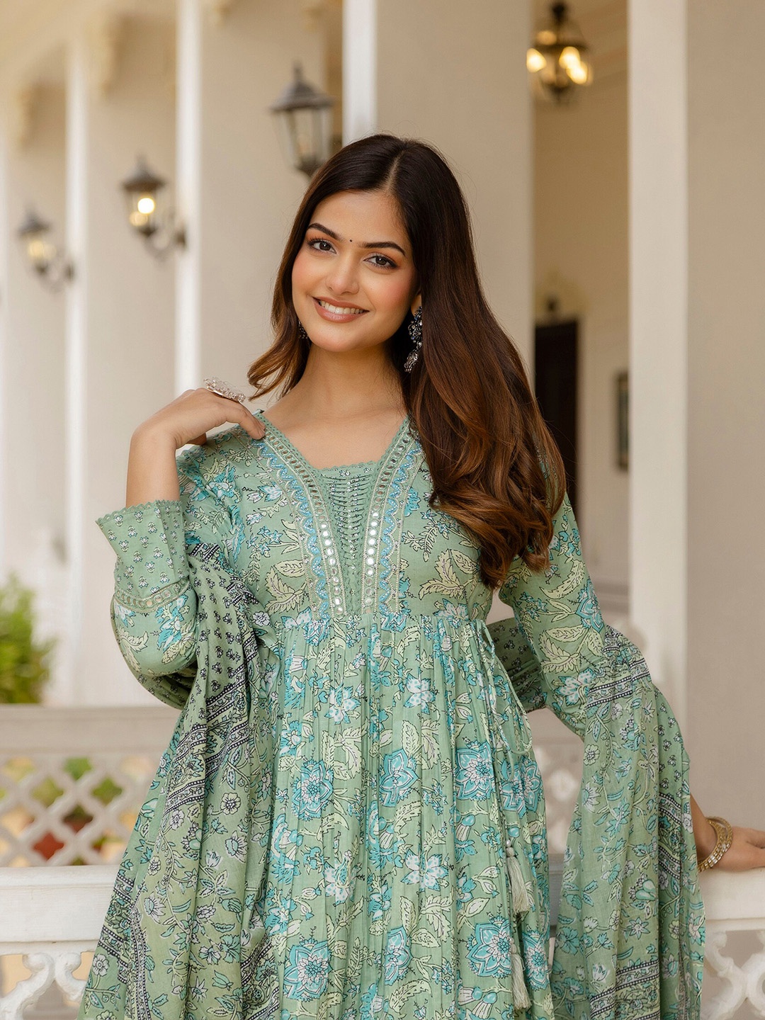 

Anouk Floral Yoke Design Empire Mirror Work Pure Cotton Kurta with Trousers & Dupatta, Green