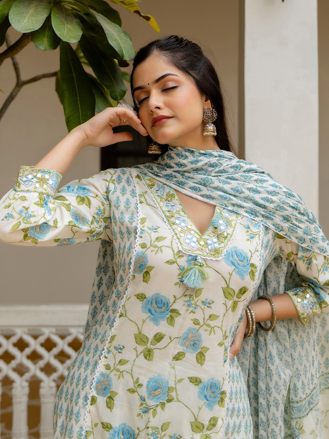 

Anouk Floral Yoke Design Empire Mirror Work Pure Cotton Kurta with Patiala & Dupatta, White