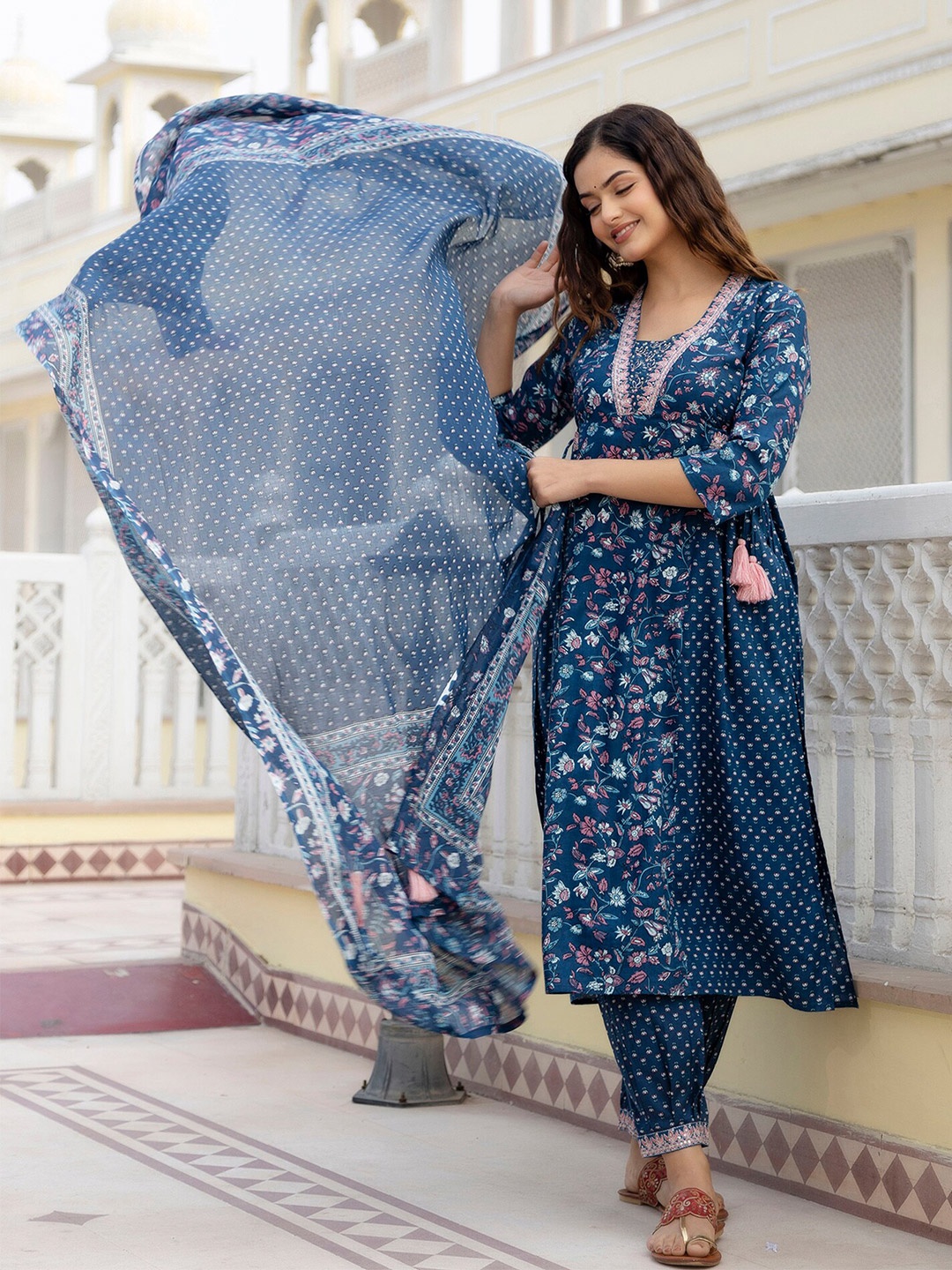

Anouk Floral Embroidered Pure Cotton A-Line Kurta with Patiala & Dupatta, Blue