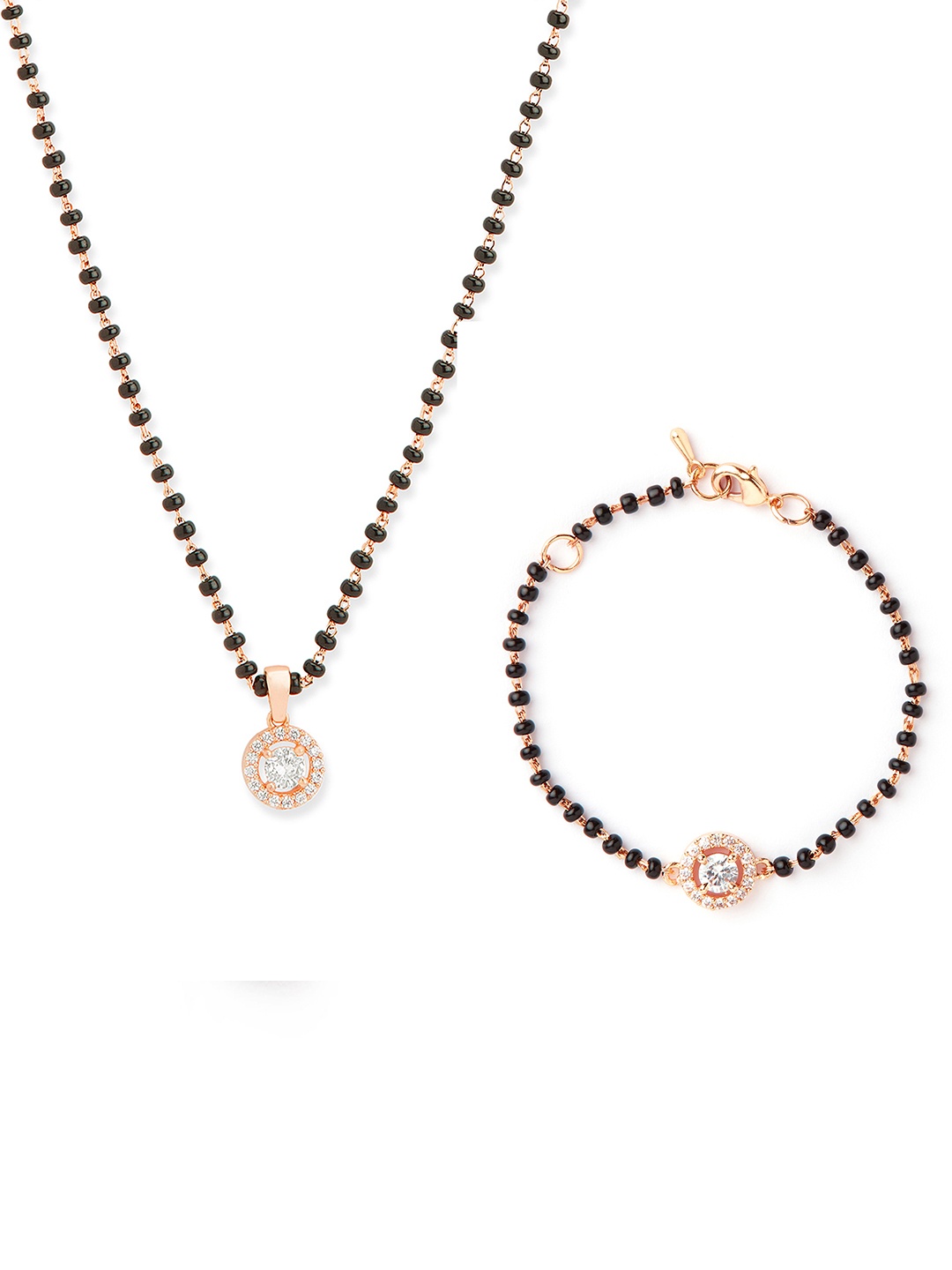 

MINUTIAE Rose Gold-Plated Crystal-Studded & Beaded Mangalsutra & Bracelet