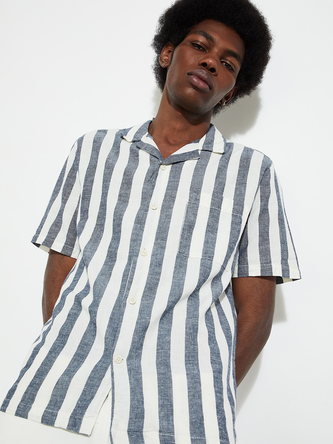 

max URB_N Spread Collar Short Sleeves Striped Casual Cotton Shirt, Blue