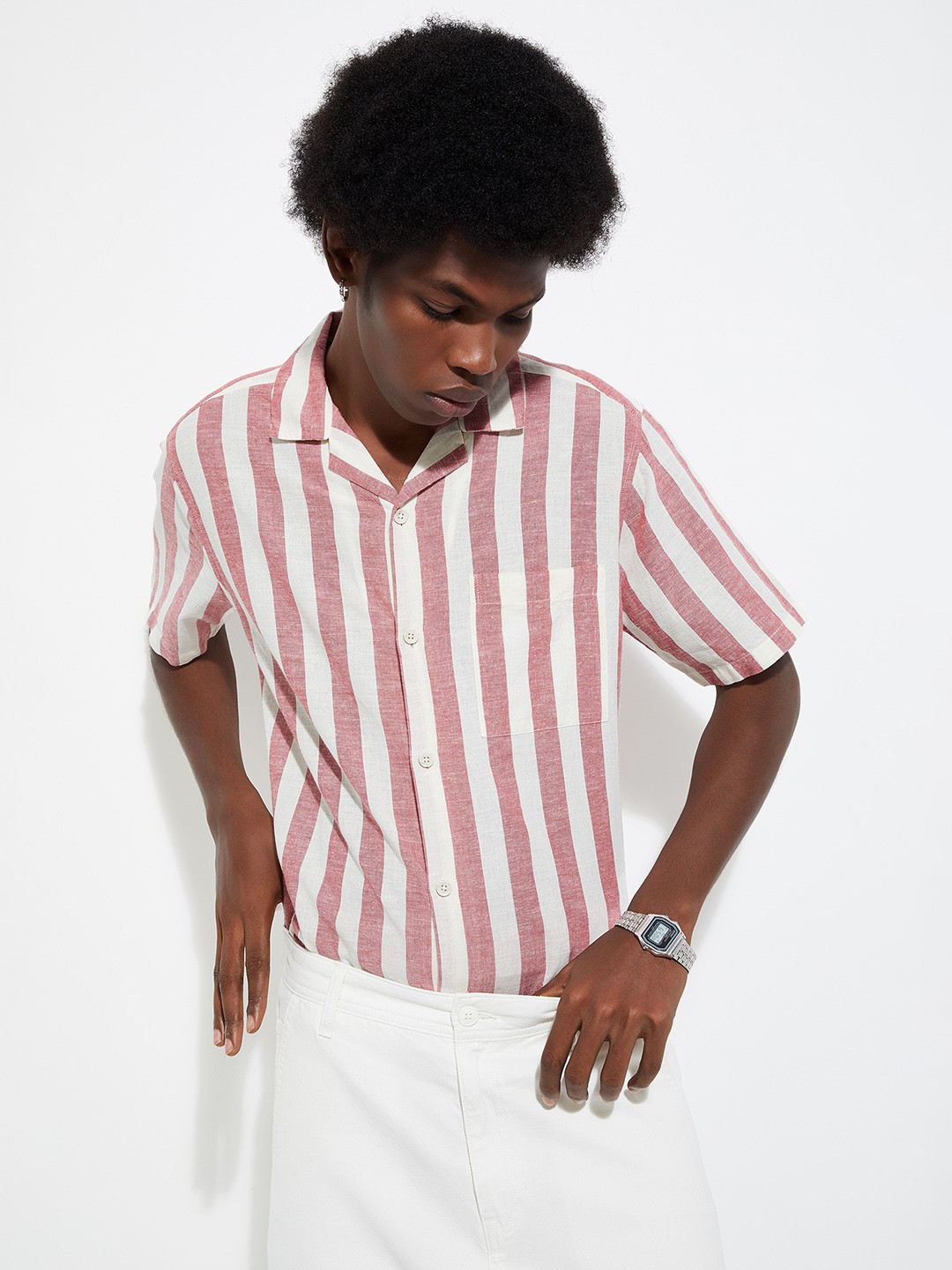 

max URB_N Men Striped Resort Shirt, Pink