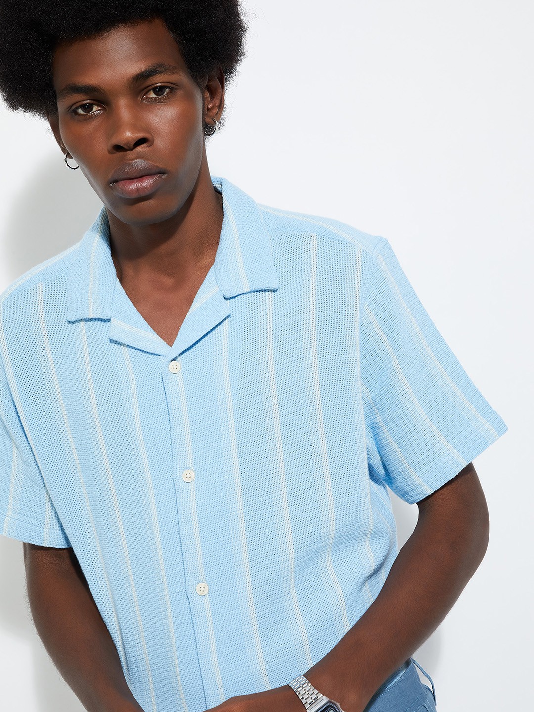 

max URB_N Men Spread Collar Short Sleeves Striped Casual Cotton Shirt, Blue