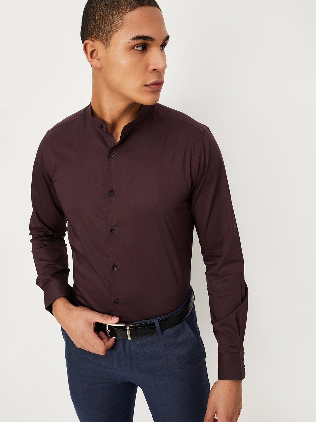 

max Band Collar Opaque Cotton Formal Shirt, Green