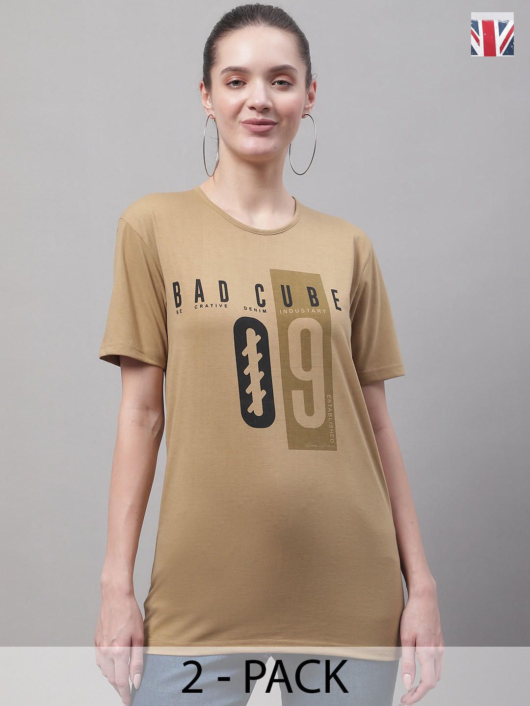 

VIMAL JONNEY Pack Of 2 Typography Printed Round Neck Longline Cotton T-shirt, Brown