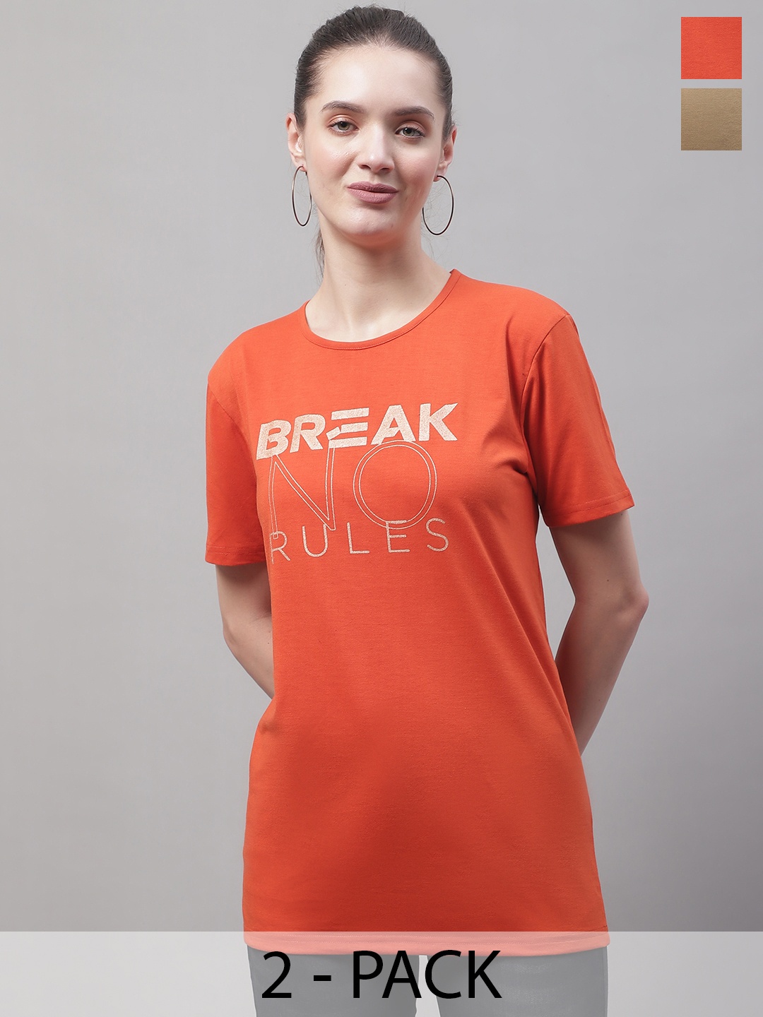 

MACK JONNEY Pack Of 2 Typography Printed Short Sleeves Cotton T-shirt, Orange