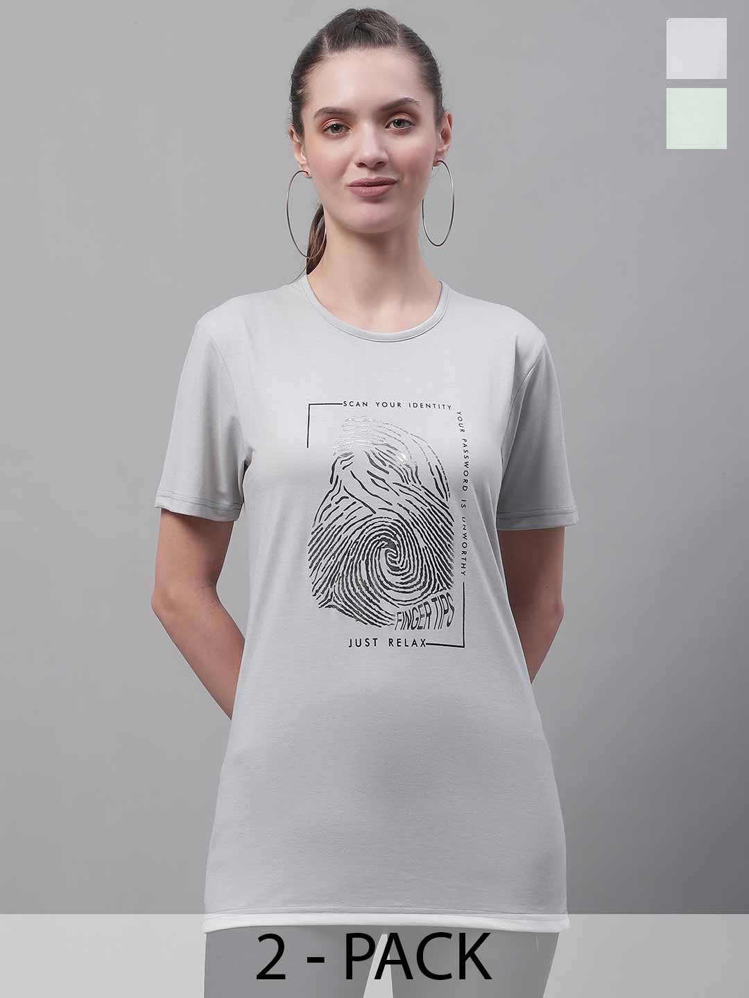 VIMAL JONNEY Pack Of 2 Typography Printed Round Neck Longline Cotton T-shirt, Grey
