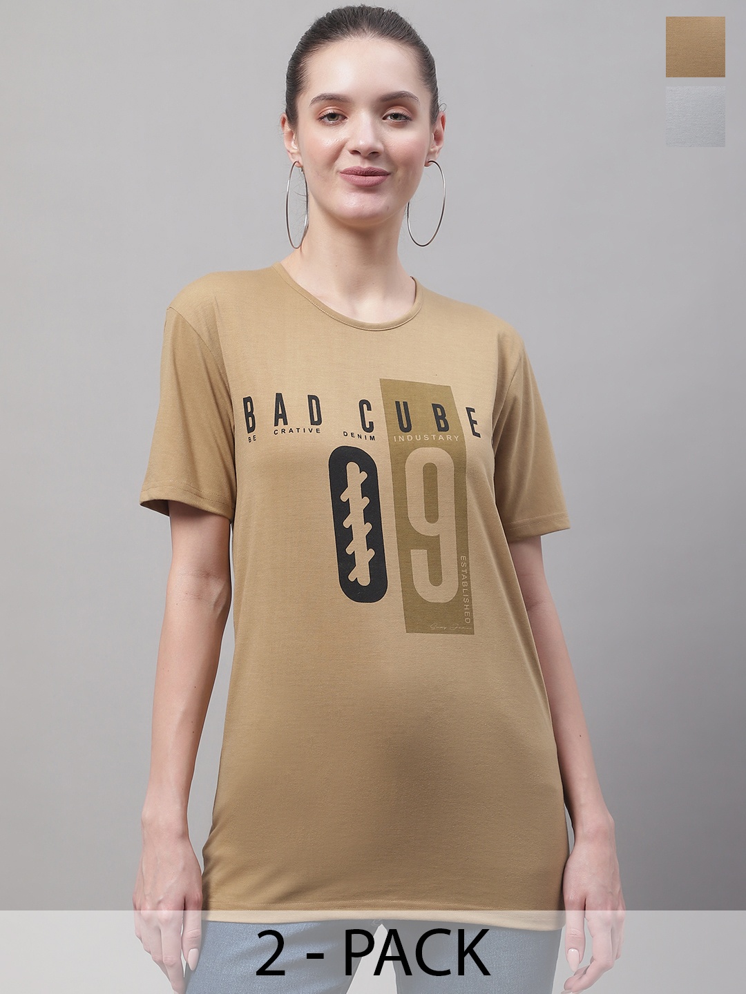 

MACK JONNEY Pack of 2 Typography Printed Cotton T-shirt, Beige