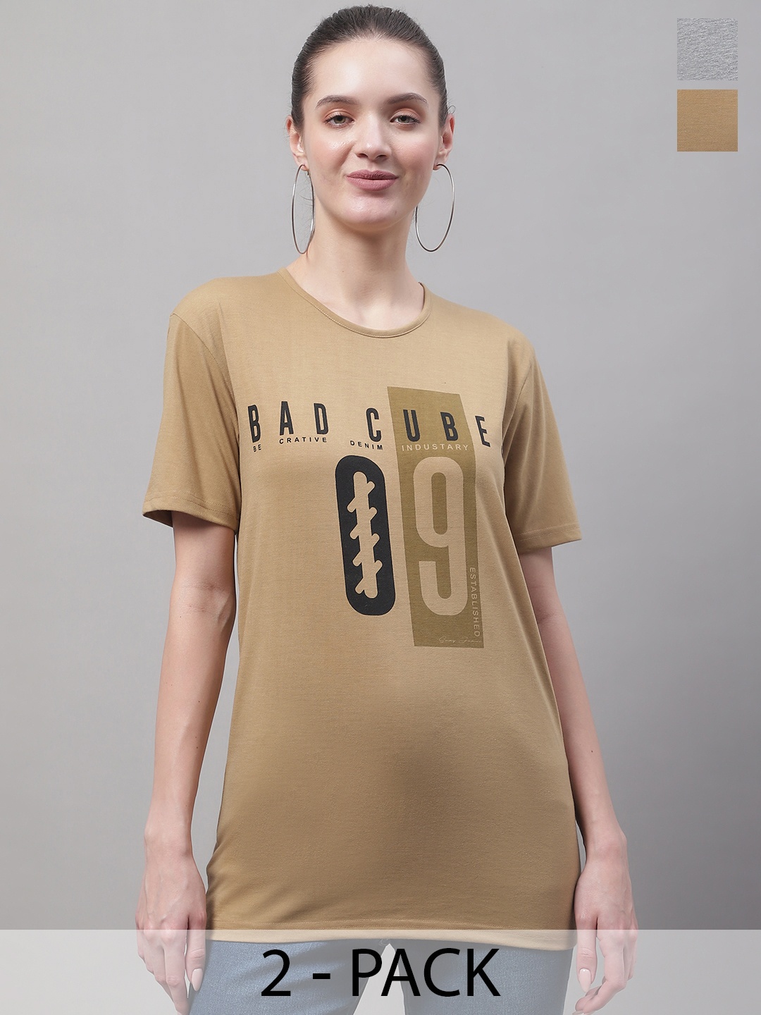 MACK JONNEY Pack of 2 Typography Printed Cotton T-shirt, Beige