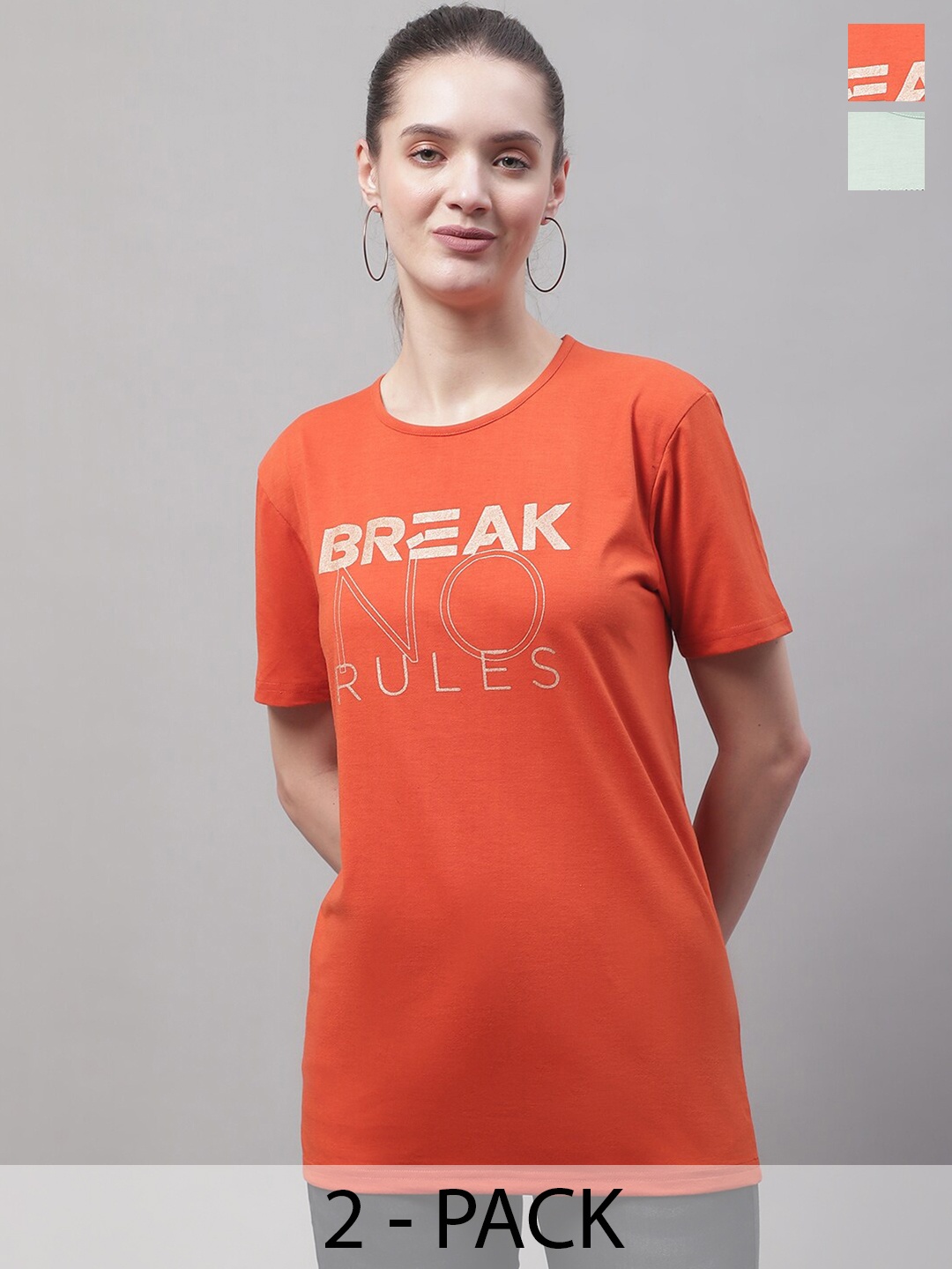 MACK JONNEY Pack Of 2 Typography Printed Short Sleeves Cotton T-shirt, Orange