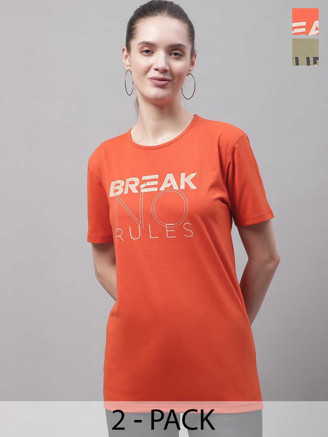 

MACK JONNEY Pack of 2 Printed Round Neck Cotton T-shirts, Orange