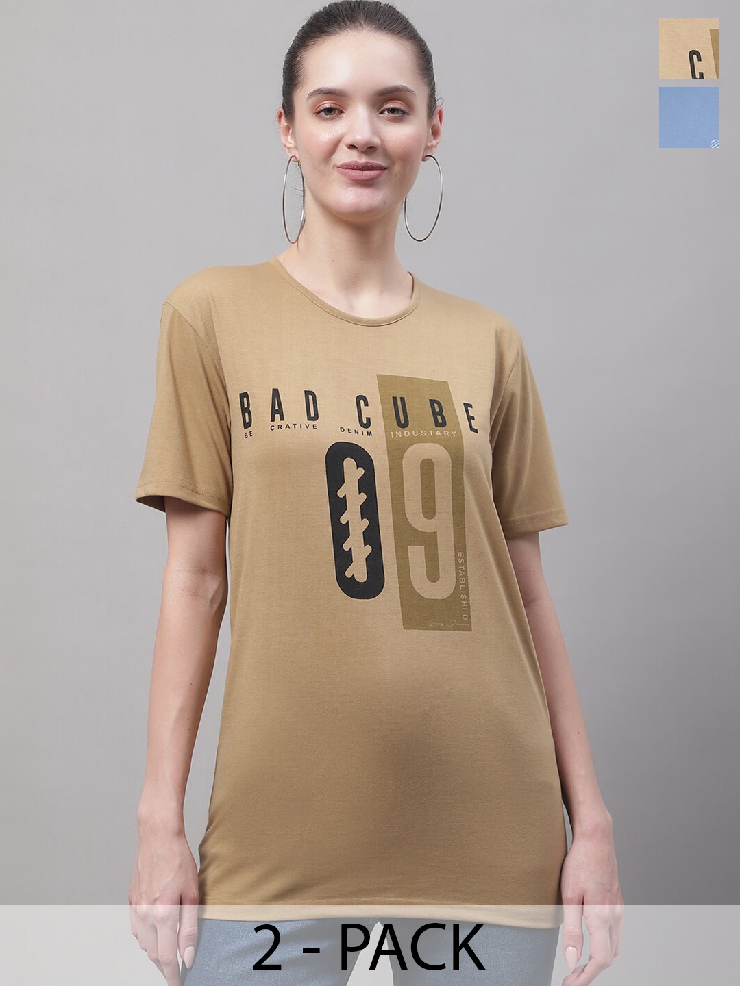 

MACK JONNEY Pack Of 2 Typography Printed Round Neck Cotton Casual T-shirt, Beige