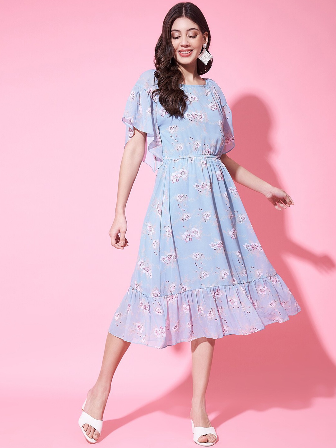 

Fbella Floral Printed Round Neck Flutter Sleeve Georgette Fit & Flare Midi Dress, Turquoise blue