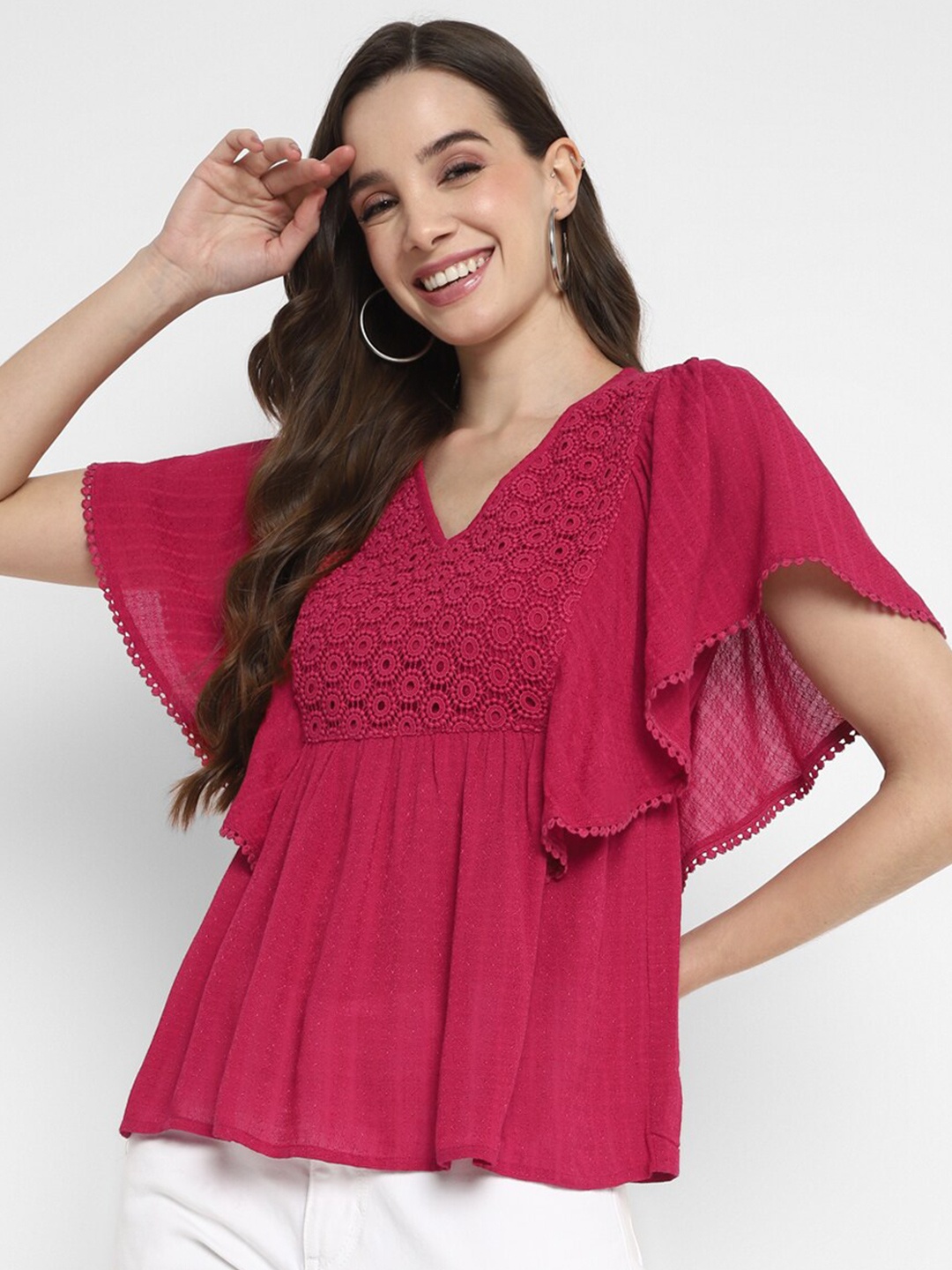 

Taurus V-Neck Flared Sleeve Embroidered Top, Pink