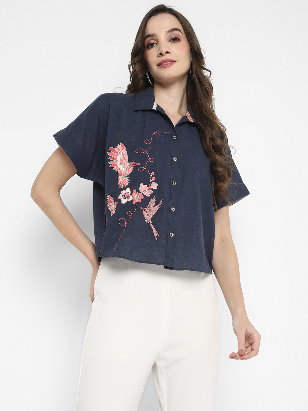 

Taurus Floral Printed Shirt Collar Cotton Chambray Shirt Style Top, Blue