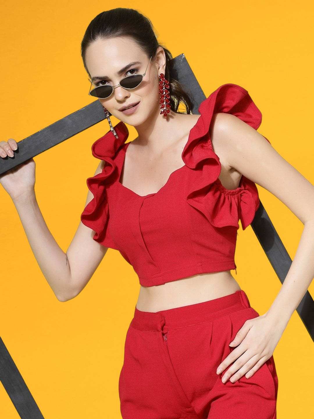 

KALINI Flutter Sleeves Crop Top With Trousers, Red