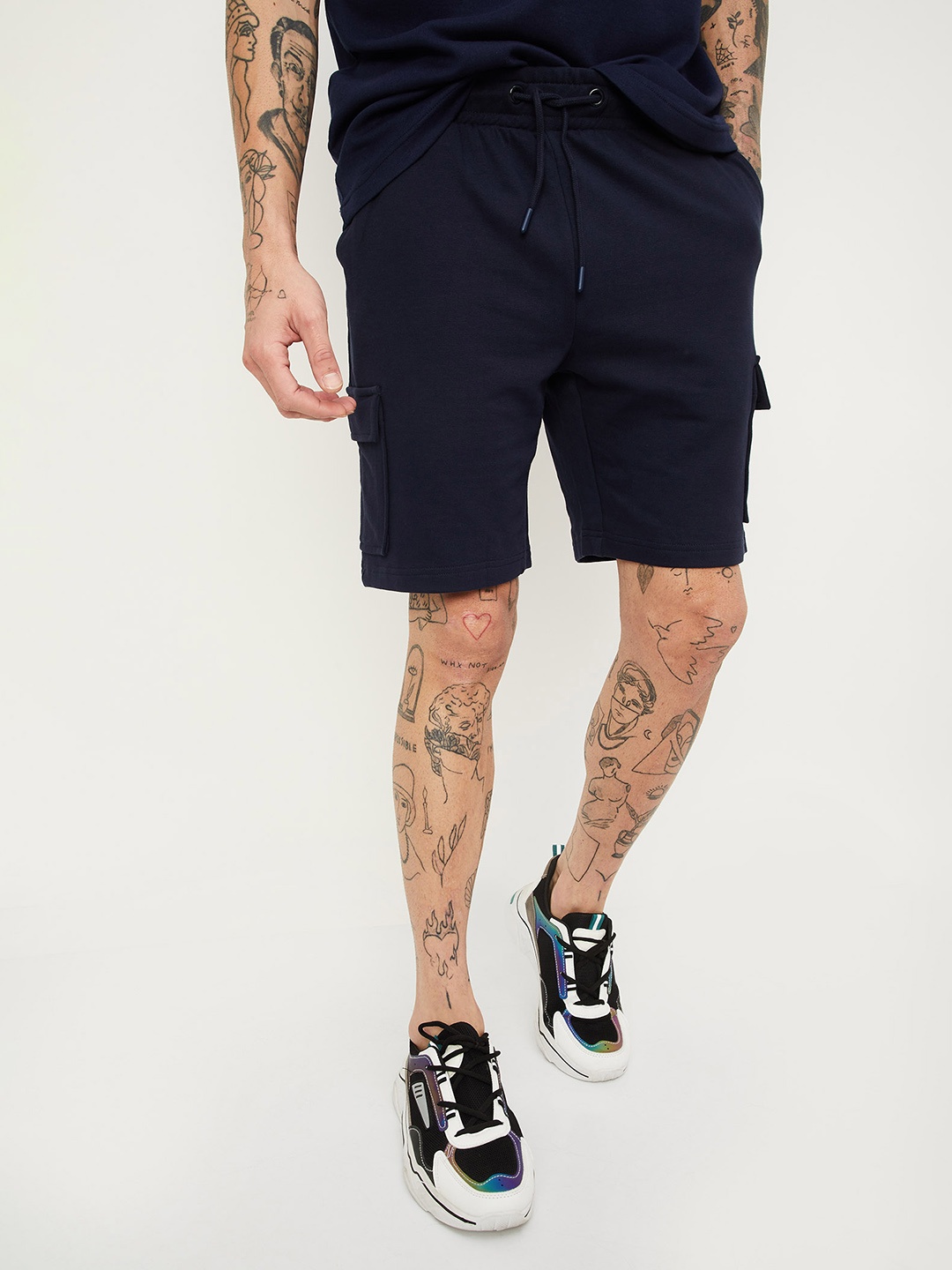 

max Men Mid Rise Pure Cotton Sports Shorts, Navy blue