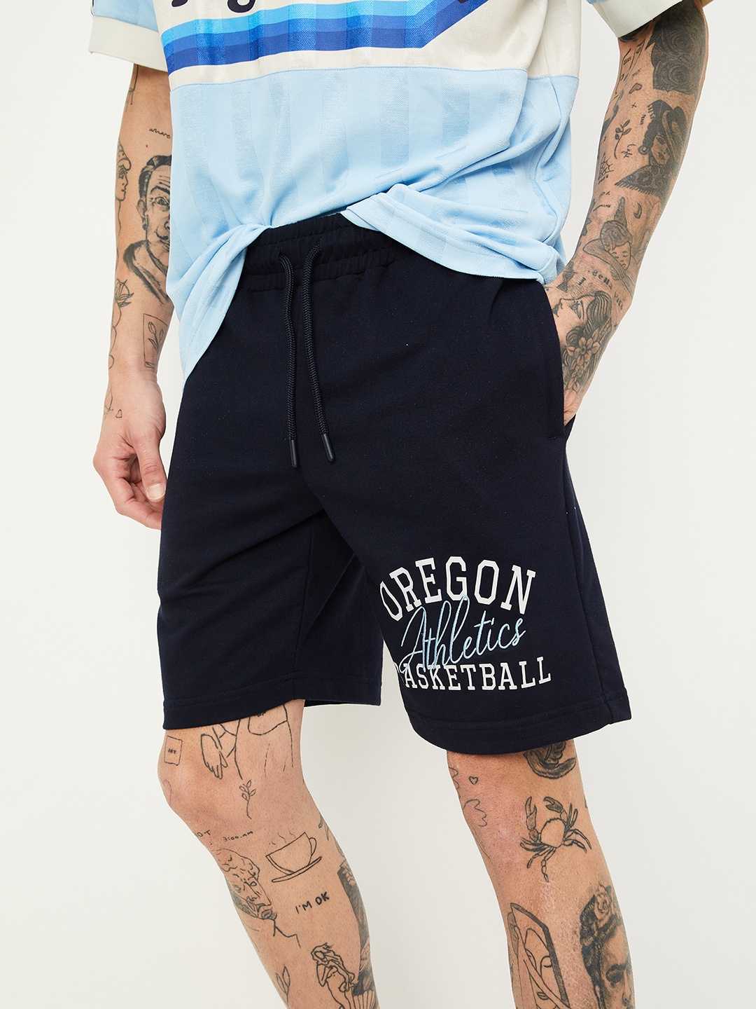 

max Men Typography Printed Mid Rise Shorts, Navy blue