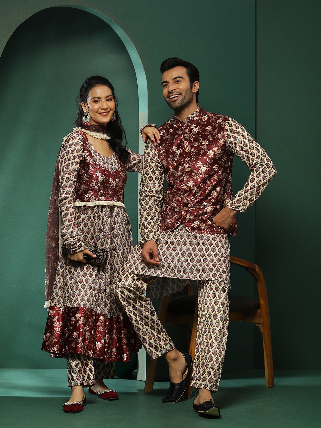 

AKS Couture Floral Printed Round Neck Empire Flared Kurta With Trousers & Dupatta, Cream