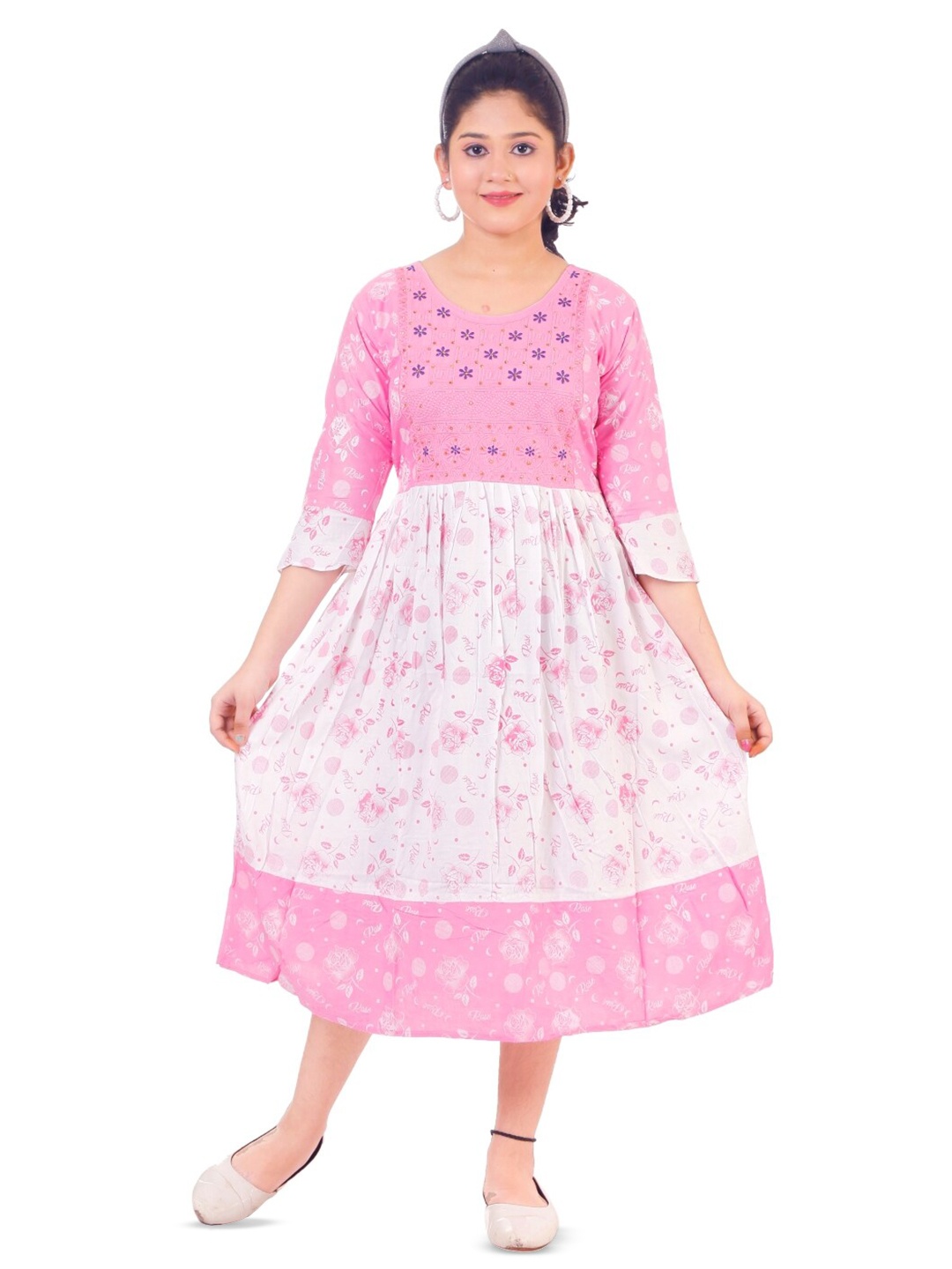 

BAESD Girls Floral Printed Fit & Flare Midi Opaque Casual Dress, Pink