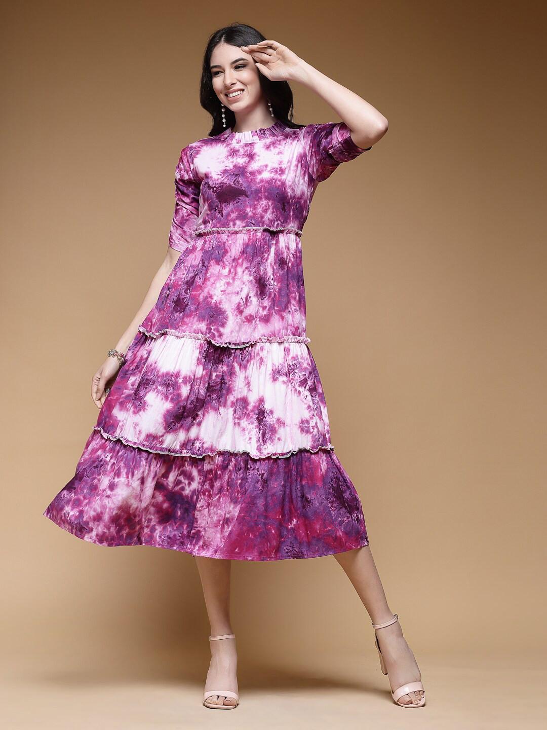 

LARGISH Floral Printed Round Neck Short Sleeves Fit & Flare Midi Dress, Purple