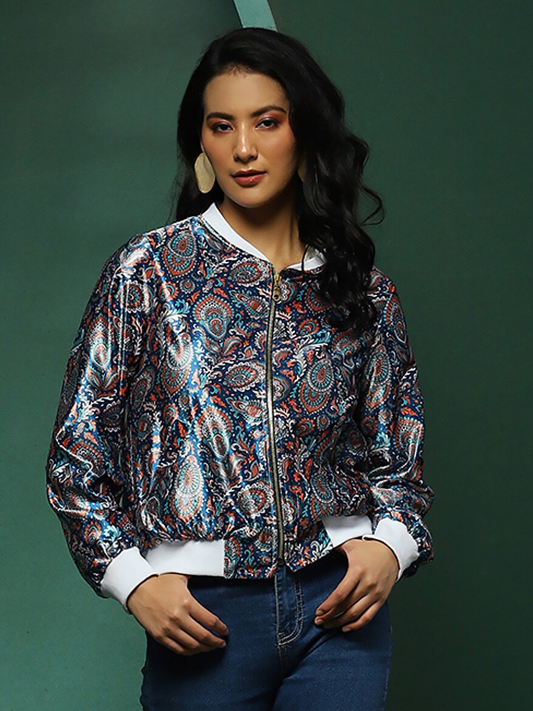 

AKS Couture Ethnic Motifs Stand Collar Long Sleeves Velvet Bomber Jacket, Blue