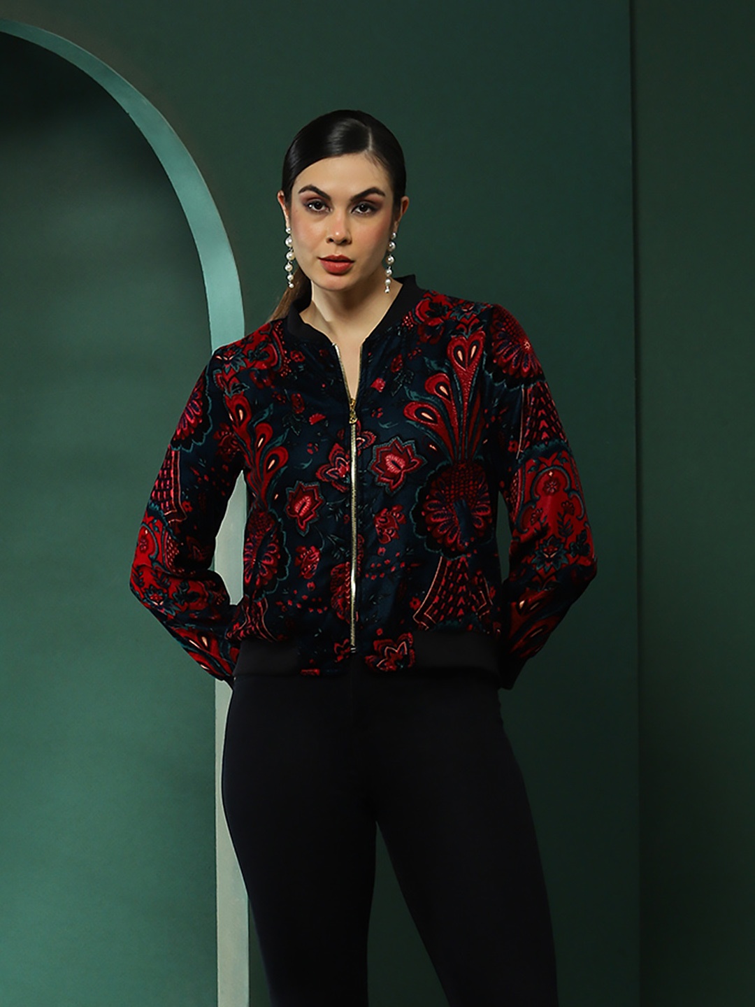 

AKS Couture Floral Embroidered Velvet Bomber Jacket, Navy blue
