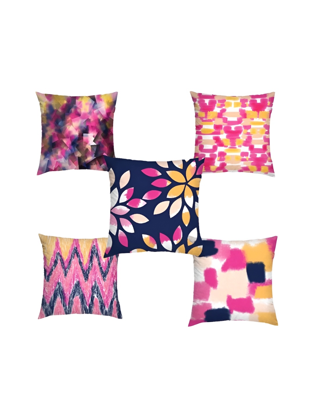 

HOMADORN Navy Blue & Pink 5 Pieces Printed Square Cushion Covers