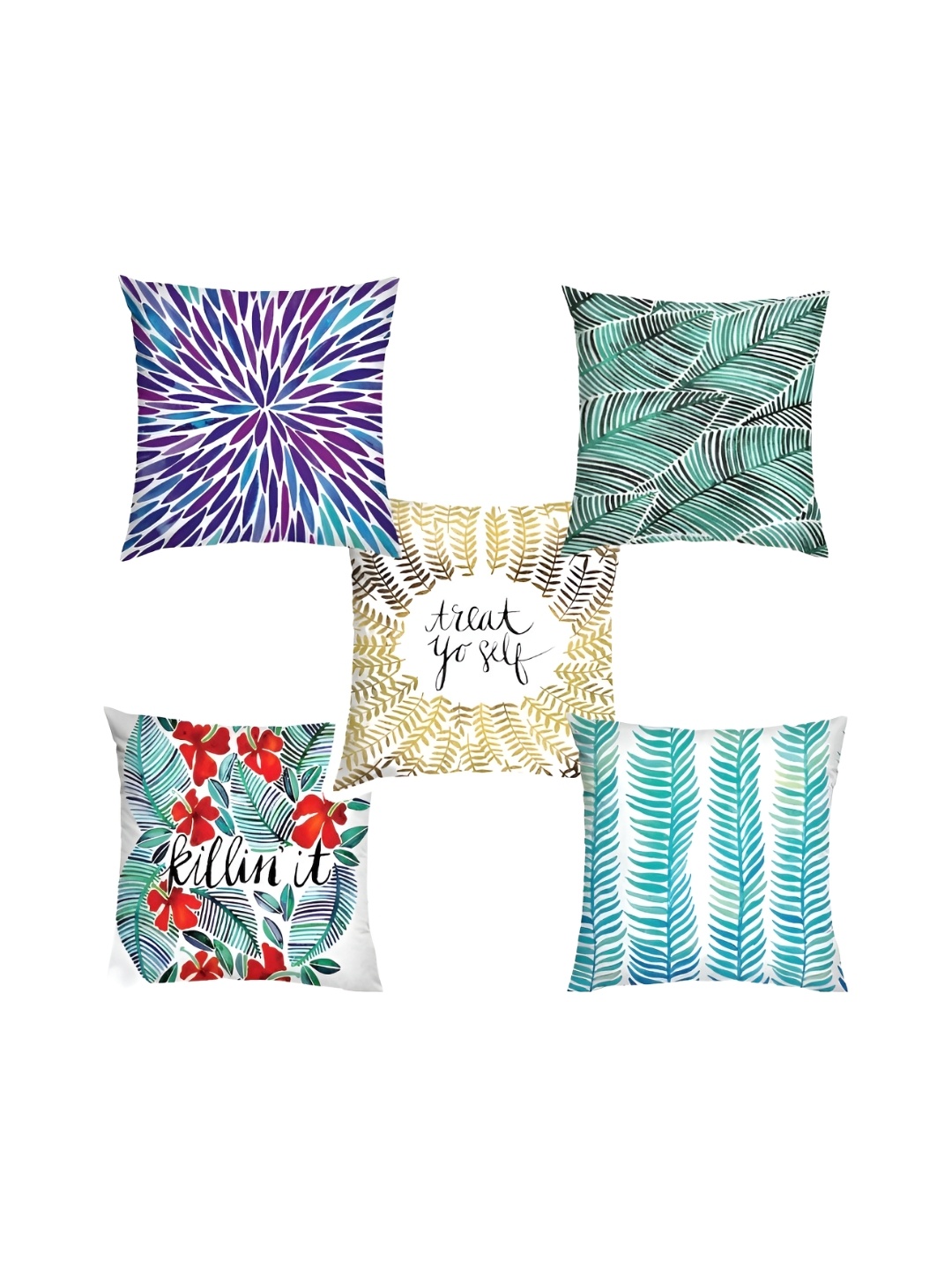 

HOMADORN White & Green 5 Pieces Printed Square Cushion Covers