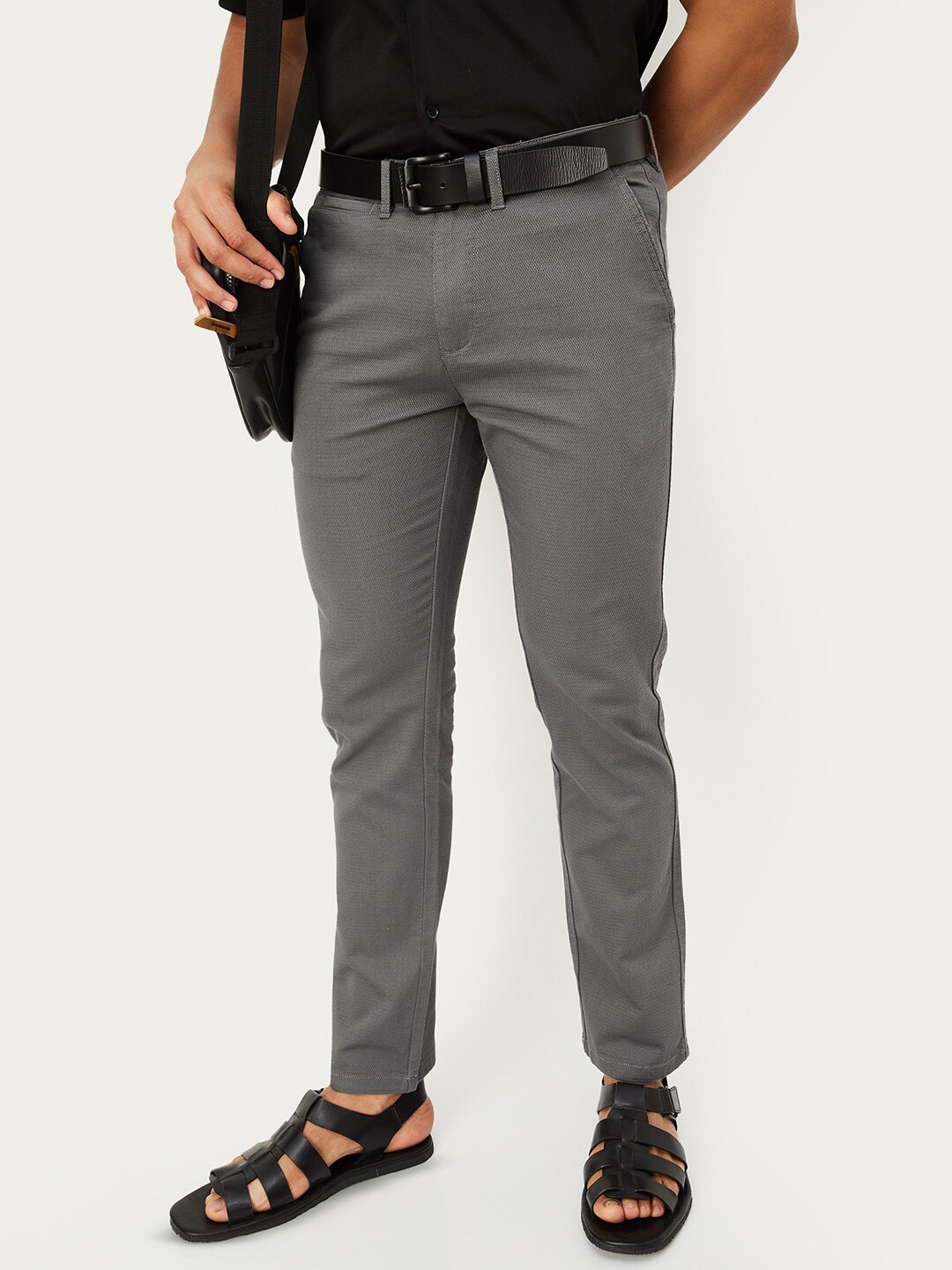 

max Men Regular Fit Mid-Rise Cotton Trousers, Grey